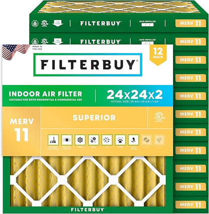 Filterbuy 24x24x2 Air Filter MERV 11 Superior Pet & Allergy Defense (12-Pack), Electrostatic Pleated HVAC AC Furnace Filters Replacement, Made in USA (Actual Size: 23.38 x 23.38 x 1.75)