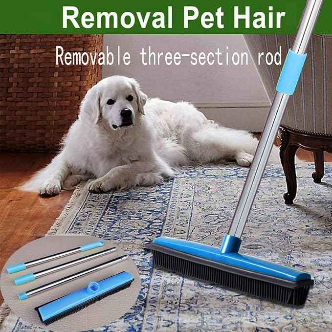 Multifunctional Broom, Telescopic Carpet Rake Rubber Pp 12.6in Brush Easy Wash Floor Carpet Broom for Pet Hair Dust Removal Tile Window Cleaner (Blue)