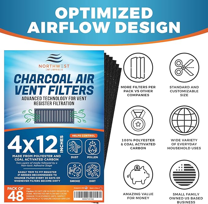 Activated Carbon Air Vent Filters for Home - 4" x 12" Dust Control - Air Filter Freshener for Home Vents to Purify Indoor Air and Homes - Register Filters for Floor Vents (48-Pack)