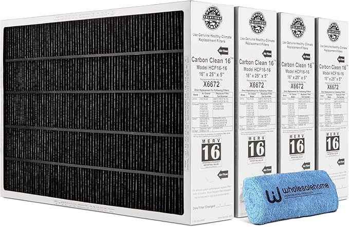 Lennox X6672 16x25x5 Furnace Filter, Lennox Healthy Climate Carbon Clean Merv 16 Home HVAC Air filter, 4 Pack with Cleaning Cloth