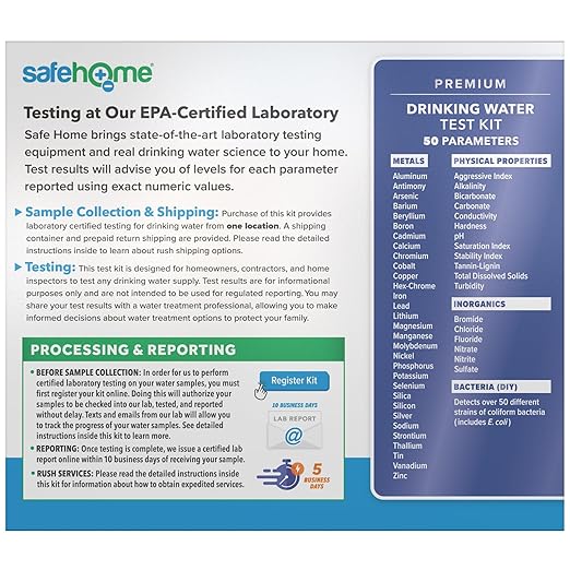 Safe Home® 50-in-1 Premium Drinking Water Test Kit – Test at our EPA Certified Laboratory – Home Inspections, Mortgage Loans, Real Estate Transactions, & More