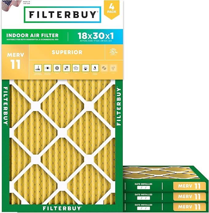 Filterbuy 18x30x1 Air Filter MERV 11 Superior Pet & Allergy Defense (4-Pack), Electrostatic Pleated HVAC AC Furnace Filters Replacement, Made in USA (Actual Size: 17.75 x 29.75 x 0.75)