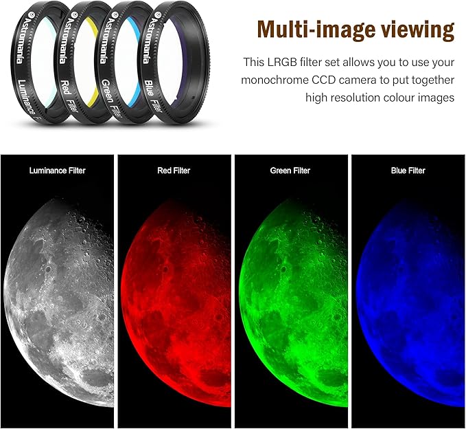 Astromania Deluxe Telescope LRGB 1.25 Inch Filter Set - Colour Filters for Use with Monochrome CCD Cameras - Give Stunning Astrophotographic Results
