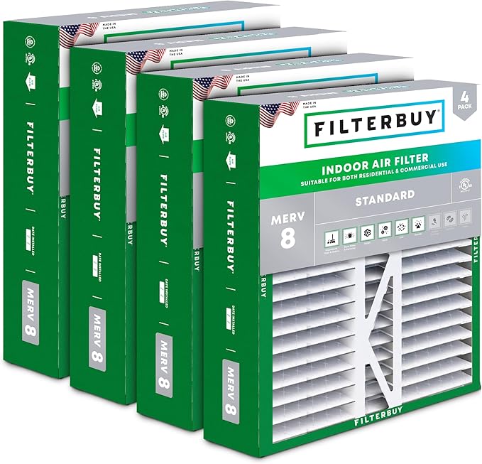 Filterbuy 16x22x5 Air Filter MERV 8 Essential Dust & Allergy Defense (4-Pack), Pleated HVAC AC Furnace Filters for Amana, Coleman, Goodman, York, and More (Actual Size: 15.38 x 21.88 x 5.25)