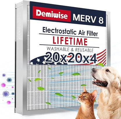 20x20x4 Washable Electrostatic Air Filter, MERV 8 Aluminum AC/HVAC Furnace Filter, Reusable Permanent Air Filter, Lasts a Lifetime, Increases Airflow（Actual Size:19.37"x 19.37"x3.58")