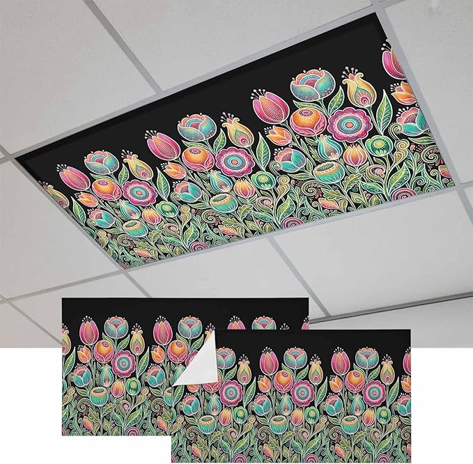 Fluorescent Light Covers for Ceiling Lights Colorful Flowers Magnetic Light Filters 2 Pack 4x2 ft Abstract Lines Floral Ceiling Lights Cover for Classroom Office School Home Drop Lamp Decor