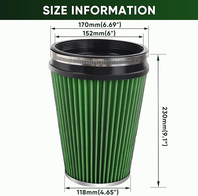6" 152mm Cold Air Intake Filter Clamp-On Replacement High Flow Inlet Air Filter High Performance Washable Cone Filter 9" Tall Green