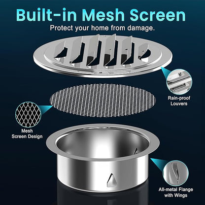 Stainless Steel Soffit Vents 4 Inch, HG Power Round Vent Cover with Screen Mesh, Louver Air Vent Hood for Wall, Ceiling Mount, Bathroom, Garage, Attic Ventilation, Silver