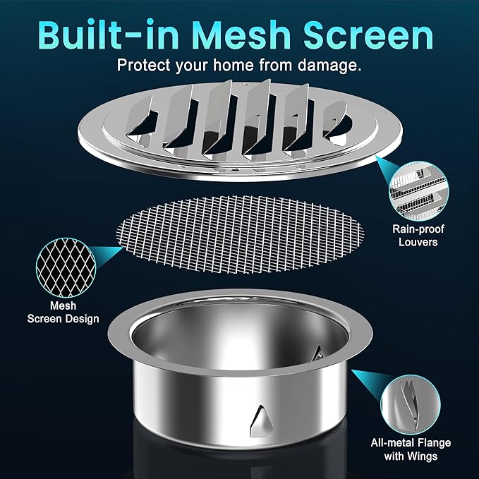 Stainless Steel Soffit Vents 4 Inch, HG Power Round Vent Cover with Screen Mesh, Louver Air Vent Hood for Wall, Ceiling Mount, Bathroom, Garage, Attic Ventilation, 2-Pack, Silver