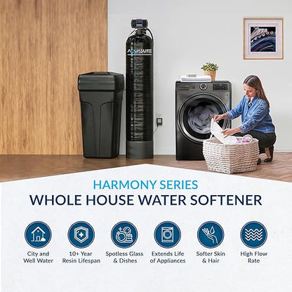 Aquasure Harmony Series 32,000 Grains Whole House Water Softener Bundle with Automatic Digital Metered Control Head and Triple Purpose Sediment/GAC/Zinc Pre-Filters, Reduces Hardness (1-2 bathrooms)