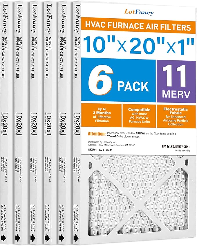 LotFancy 10x20x1 Air Filter MERV 11 6-Pack, Electrostatic Pleated AC Furnace Air Filter, Captures Dust, Smog & Pet Dander, Actual Size: 9.75"x19.75"x0.75"