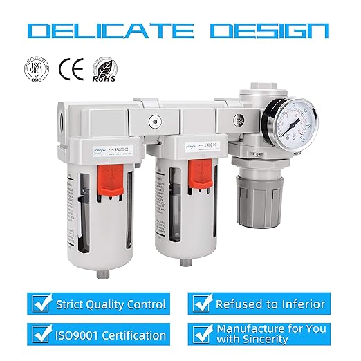 NANPU 1/2" NPT Air Drying System - 5 Micron Particulate Filter, 0.01 Micron Coalescing Filter, Air Pressure Regulator Combo - Semi-Auto Drain, Poly Bowl w/Metal Gauge
