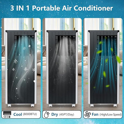 Portable AC Unit with 8000 BTU Cooling, Remote Control & 24-Hour Programmable Timer, Low-Noise Design for Rooms Up to 350 Sq.Ft, Ideal for Dorm or Office Use, Black and White Design