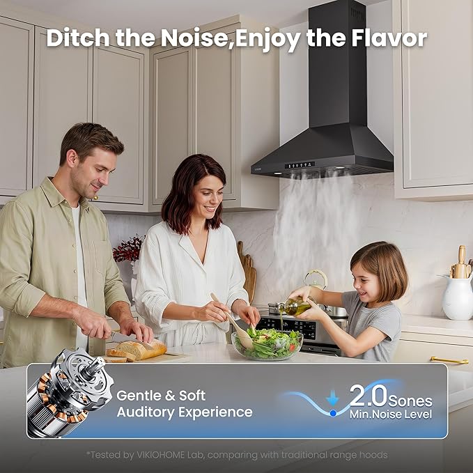 Wall Mount 36 Inch Range Hood 900 CFM, Ductless/Ducted Convertible, 3-speed Gesture Sensing & Touch Control, Black Painted Stainless Steel Vent Kitchen Hood with Permanent Baffle Filters