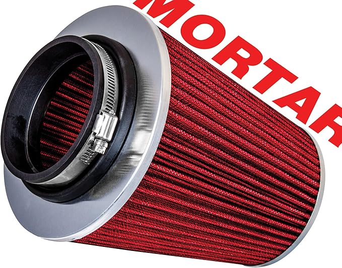 Mortar Aftermarket Auto Air Filter - Car Enthusiast Class Universal Cold Air Intake Gulps in More Air for More Engine Power & Passionate Induction Sound, 8-In-Long, Flange ID 4 In, Red