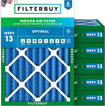 Filterbuy 20x23x4 Air Filter MERV 13 Optimal Smoke & Allergy Defense (6-Pack), Electrostatic Pleated HVAC AC Furnace Filters Replacement, Made in USA (Actual Size: 19.50 x 22.50 x 3.63)