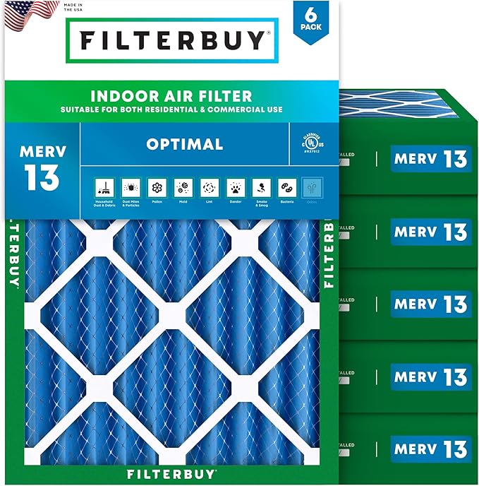 Filterbuy 18x24x4 Air Filter MERV 13 Optimal Smoke & Allergy Defense (6-Pack), Electrostatic Pleated HVAC AC Furnace Filters Replacement, Made in USA (Actual Size: 17.50 x 23.38 x 3.63)