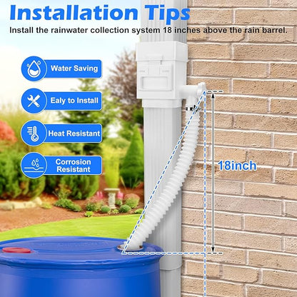 WADEO Rainwater Collection System, Rain Barrel Diverter Kit Fits for 2"x 3" or 3"x 4" Residential Downspouts, Downspout Diverter with Adjustable Valve and Filter, 5FT Hose, White