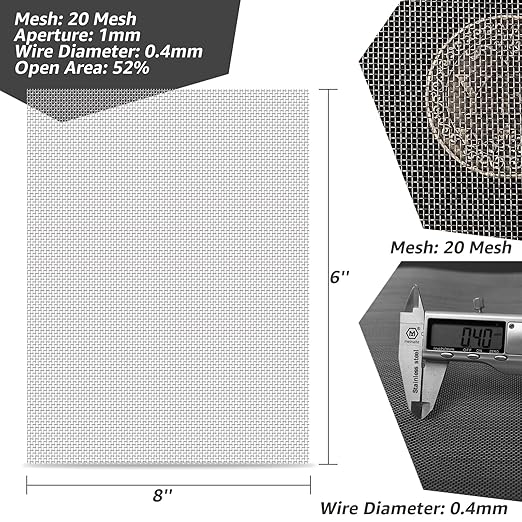 6 Pack 6x8 Inch Wire Mesh, 20 Mesh Stainless Steel Mesh, Never Rust Sturdy Metal Mesh Screen for DIY Projects, Vent, Cage, Garden, Window Screen, Filter Mesh