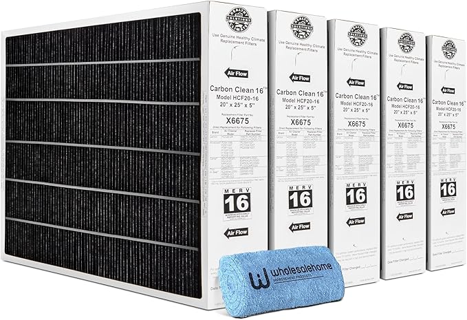 Lennox Healthy Climate Lennox X6675 20x25x5 Air Filter, Healthy Climate Carbon Clean Merv 16 Home Furnace Filter for HVAC system 5 Pack with Wholesalehome Cleaning Cloth