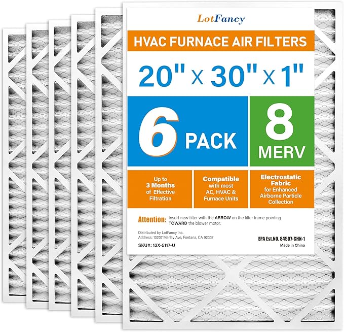 LotFancy 20x30x1 Air Filter MERV 8 6-Pack, Electrostatic Pleated Furnace & AC Filter, Captures Dust, Pet Hair, Pollen, Actual Size: 19.75"x29.75"x0.75"