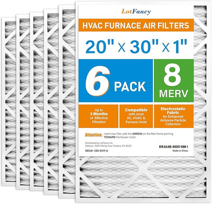 LotFancy 20x30x1 Air Filter MERV 8 6-Pack, Electrostatic Pleated Furnace & AC Filter, Captures Dust, Pet Hair, Pollen, Actual Size: 19.75"x29.75"x0.75"