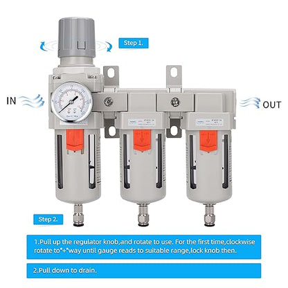 NANPU Three Stage Air Drying System - 5 Micron Particulate Filter, 0.5＆0.01 Micron Coalescing Filters, Air Pressure Regulator Combo - 0-150 psi Gauge, Semi-Auto Drain, Metal Bracket (1/2" NPT)