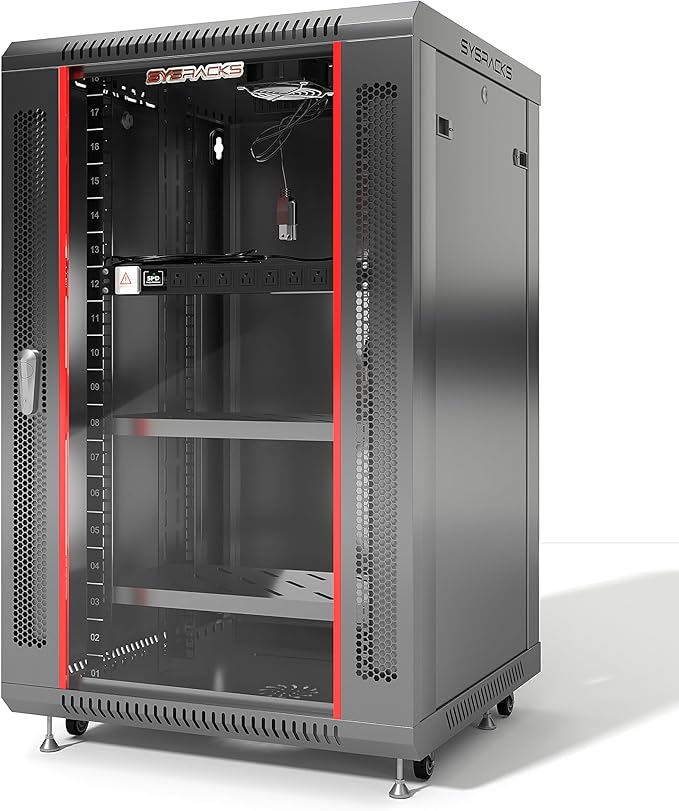 Sysracks 18U Wall Mount Server Rack Cabinet, 19” Locking Network Rack, 24” Deep, Glass Door, with Fan, PDU and Shelf