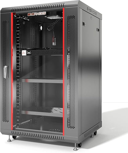 Sysracks 18U Wall Mount Server Rack Cabinet, 19” Locking Network Rack, 24” Deep, Glass Door, with Fan, PDU and Shelf