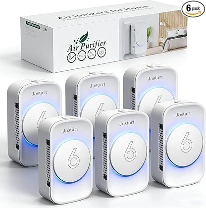 Air Ionizer for Home(6 pack), Ionic Air Purifier Plug in with 6 Carbon Fiber Tips, Ultra Quiet Portable Air Cleaner for Kitchen Bedroom Office Bathroom,Energy Efficient with Blue/Warm White Mood Light