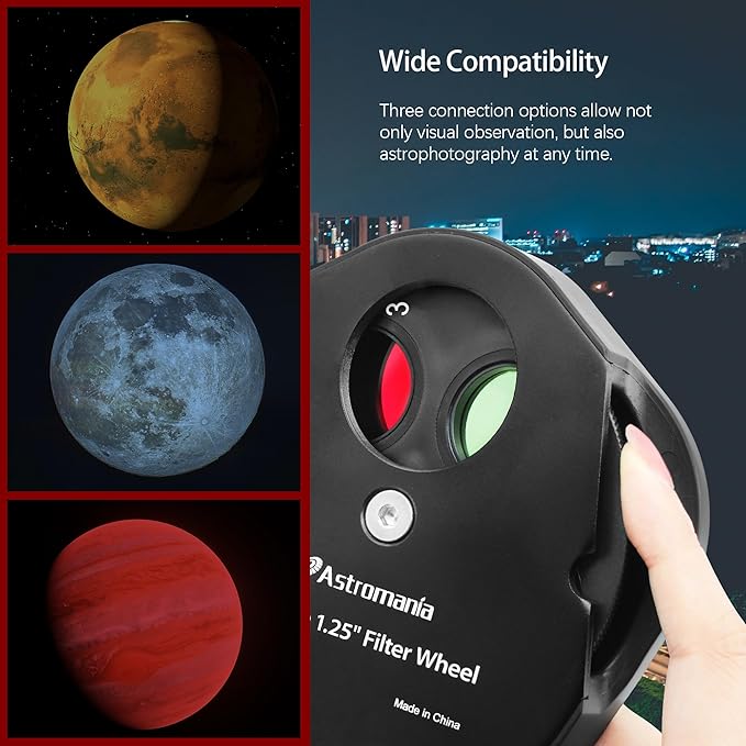 Astromania Filter Wheel for Telescope, Filter Drawer Compatible with 1.25 Inch Telescope Filter for Planet Moon Nebula Observation, 5-Position Filter Wheel Holder Telescope Accessories with T-Adapter