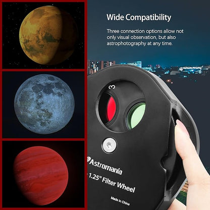Astromania Filter Wheel for Telescope, Filter Drawer Compatible with 1.25 Inch Telescope Filter for Planet Moon Nebula Observation, 5-Position Filter Wheel Holder Telescope Accessories with T-Adapter