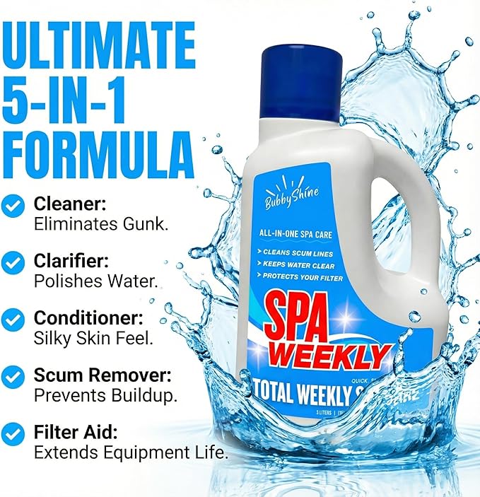 5-in-1 Hot Tub Chemicals – Spa Weekly Enzyme Cleaner & Clarifier, Scum Line Cleaner, Filter Protector + Water Conditioner, Clear Finish for Spas & Inflatable Tubs, 3 Liter (101.5 fl oz) – BubbyShine