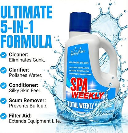 5-in-1 Hot Tub Chemicals – Spa Weekly Enzyme Cleaner & Clarifier, Scum Line Cleaner, Filter Protector + Water Conditioner, Clear Finish for Spas & Inflatable Tubs, 3 Liter (101.5 fl oz) – BubbyShine
