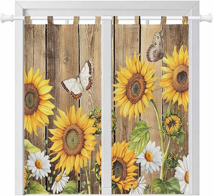 Farmhouse Sunflowers Bedroom Curtains 72 Inch Length, Window Curtains Tab Top, Rustic Floral Buttterfly Wood Board Brown Light Filtering Window Treatments Drapes 52"x72" 2 Panel