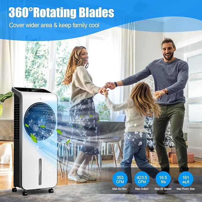 COSTWAY Portable Evaporative Air Cooler, 3-in-1 Swamp Cooler w/Remote Control, 360° Rotating Fan Blade, 3 Modes, 12H Timer, 2 Ice Packs, Air Cooling Fan with Fan & Humidifier for Room Home Office