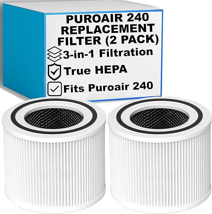 3-in-1 True Hepa Puroair 240 Replacement Filter with Activated Carbon for Puroair 240 - Traps 99.97% of Allergens, Dusts, Smoke, Odors, 2 Pack