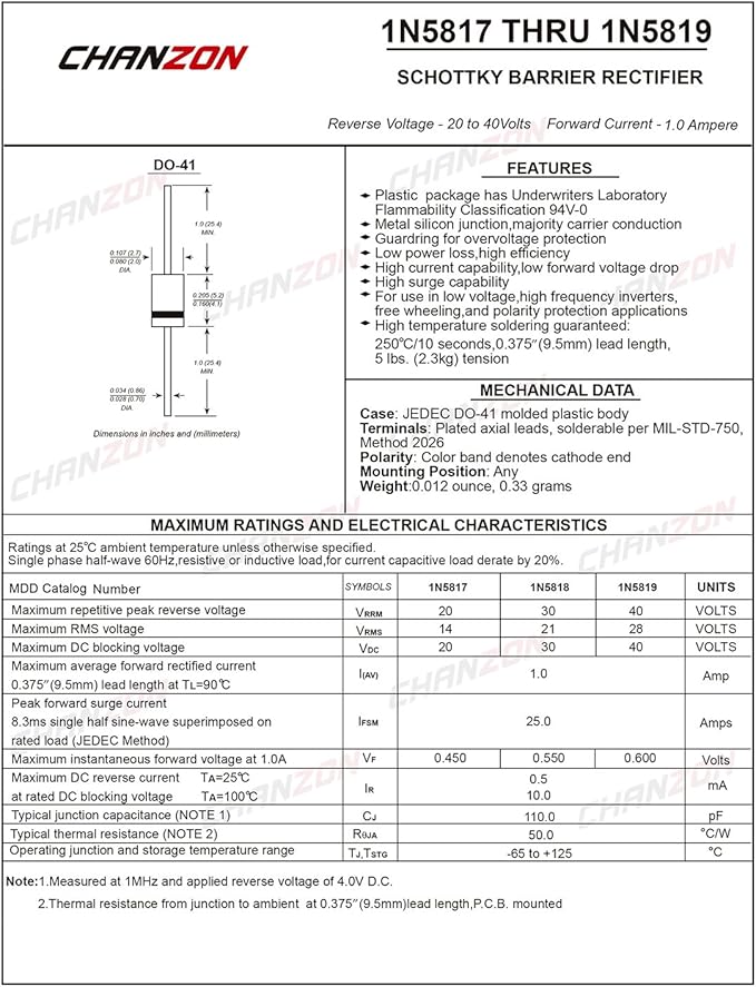 Chanzon 100 Pcs 1N5819 Schottky Barrier Rectifier Diodes 1A 40V DO-41 (DO-204AL) Axial 5819 IN5819 1 Amp 40 Volt