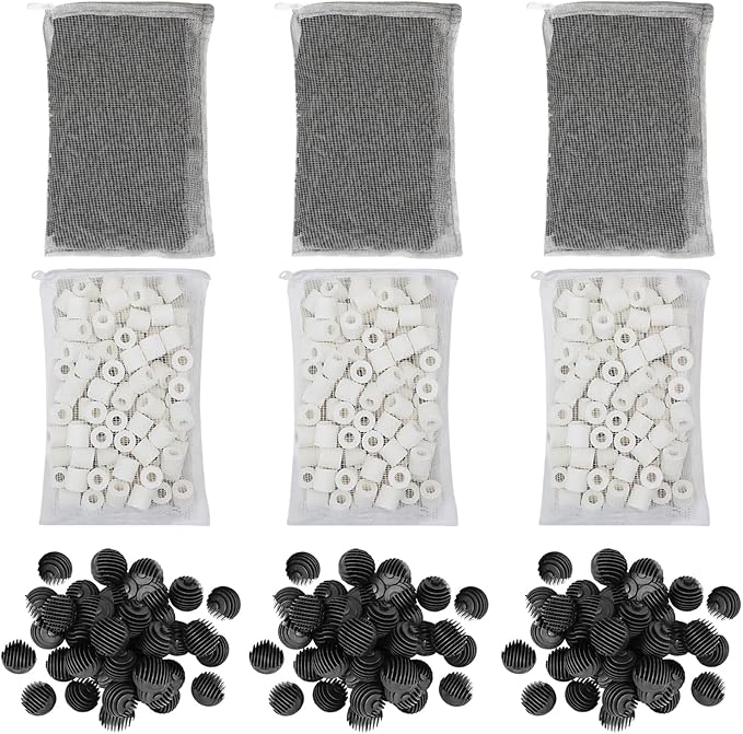 Flexzion Fish Tank Filter Media - Bio Balls for Aquarium Filter, Ceramic Rings & Activated Carbon Pellets in Mesh Bags - Biological, Chemical, & Mechanical Filtration Fresh & Saltwater Aquarium, 3 Set