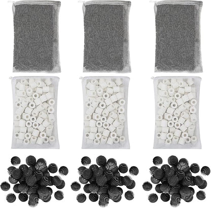 Flexzion Fish Tank Filter Media - Bio Balls for Aquarium Filter, Ceramic Rings & Activated Carbon Pellets in Mesh Bags - Biological, Chemical, & Mechanical Filtration Fresh & Saltwater Aquarium, 3 Set