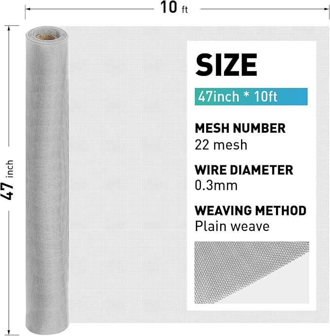 304 Stainless Steel Mesh Window Screen Roll,47IN x 10FT Silver Metal Window Screen Replacement,Window Screen Mesh for Window,Door,Patio,Pet,Vent,Filter,Porch,Cage and DIY Project (22 Mesh)