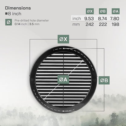 Vent Systems 8" Inch (Opening Dimensions) - Pack of 100 - Black Soffit Vent Cover - Plastic Round Air Vent Grille - Built-in Mesh Screen - HVAC Register Louver for Bathroom, Home, Kitchen