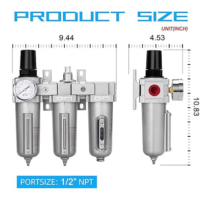 NANPU 1/2" NPT Industrial Grade 3 Stage Air Drying System - Particulate Filter, Coalescing Filter, Desiccant Dryer & Air Regulator, Metal Bowl, Manual Drain, Suitable for Paint Spray＆ Plasma Cutter