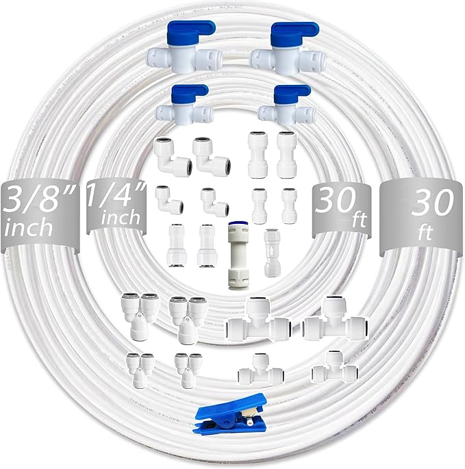 NSF 1/4" & 3/8" Water Line Tubing and Push Connect Fittings for Reverse Osmosis Water Filter RO fittings,25 pcs connetors+30 feet 1/4"(6.4mm) water tubing +30 feet 3/8"(9.5mm) water tubing.