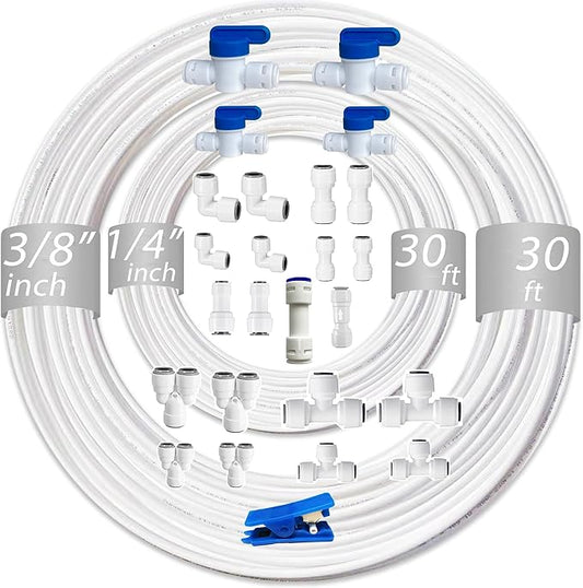 NSF 1/4" & 3/8" Water Line Tubing and Push Connect Fittings for Reverse Osmosis Water Filter RO fittings,25 pcs connetors+30 feet 1/4"(6.4mm) water tubing +30 feet 3/8"(9.5mm) water tubing.