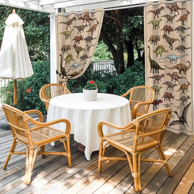 Vintage Outdoor Curtains for Patio Dinosaurs Biographies Retro Waterproof Outside Curtains with Grommet Top Weatherproof Curtain for Cabana Pergola Gazebo, 1 Panel, 54" W x 108" L