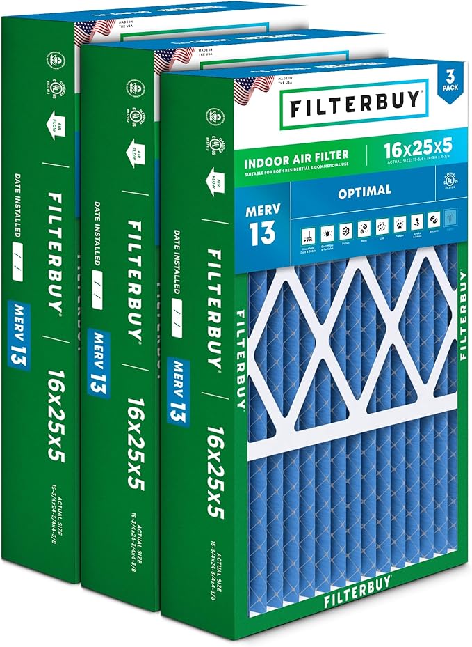 Filterbuy 16x25x5 Air Filter MERV 13 Optimal Smoke & Allergy Defense (3-Pack), Pleated HVAC AC Furnace Filters for Honeywell FC100A1029, Lennox X6670, and More (Actual Size: 15.75 x 24.75 x 4.38)