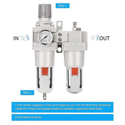 NANPU 1" NPT Compressed Air Filter Regulator Lubricator Combo (FRL) Water/Oil Trap Separator - Gauge(0-150 psi), 5 Micron Brass Element,Poly Bowl, Semi-Auto Drain, Metal Bracket