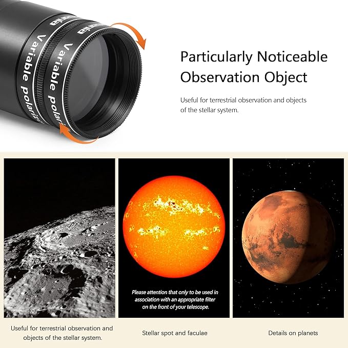Astromania Telescope Filter, 1.25 Inch Variable Grey Polarizing Filter, Variable Polarizing Moon Filter for Astronomy Telescope & Eyepiece, Telescope Accessory with Adjustable 1-40% Light Transmission