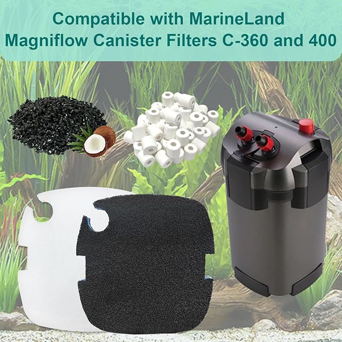 16 Packs Aquarium Filter Media Kit Compatible with MarineLand Magniflow Canister Filters C-360 and 400, Includes Activated Carbons, Ceramic Rings, Sponge Filters and Filter Pads